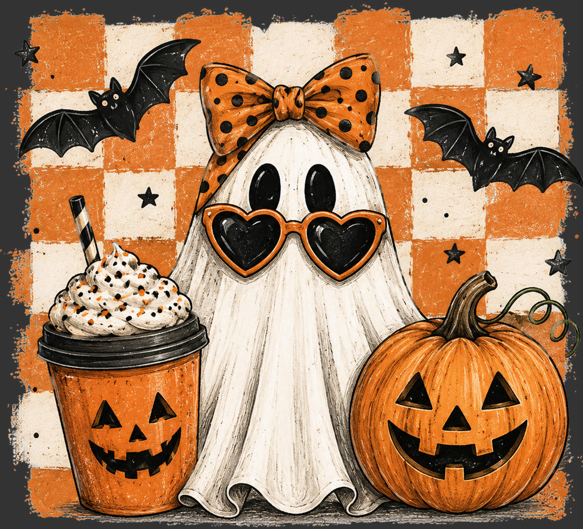 Halloween-themed illustration featuring a ghost character in an orange polka-dot bow and heart-shaped sunglasses, standing beside a jack-o'-lantern pumpkin and a whipped drink in an orange cup, all set against an orange-and-white checkered background with black bats and stars.