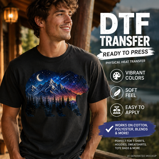A man wearing a black t-shirt with a colorful bear-shaped mountain and starry night graphic, set against a rustic wooden porch background with promotional text overlays for DTF transfer.