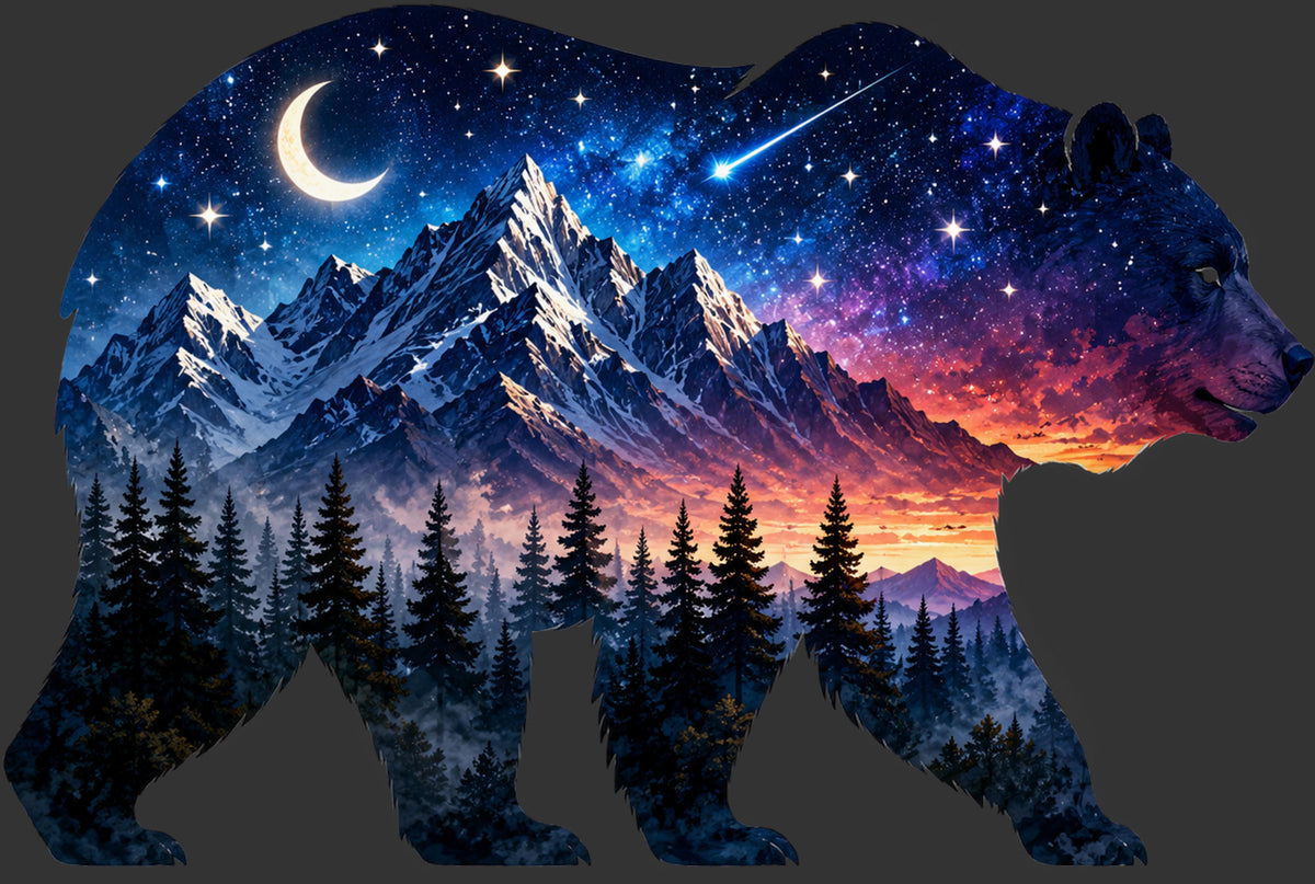 A bear-shaped artwork filled with a dramatic mountain landscape and starry night sky, with snowy peaks, pine trees, a crescent moon, stars, and a shooting star on a dark gray background.