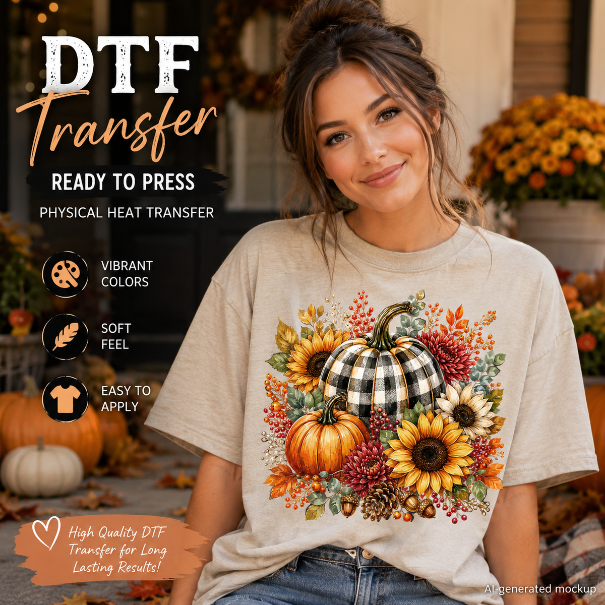 A woman wearing a beige graphic T-shirt with a fall harvest design featuring pumpkins, sunflowers, and autumn leaves. The image includes promotional text for a DTF transfer product, with a warm autumn porch background.