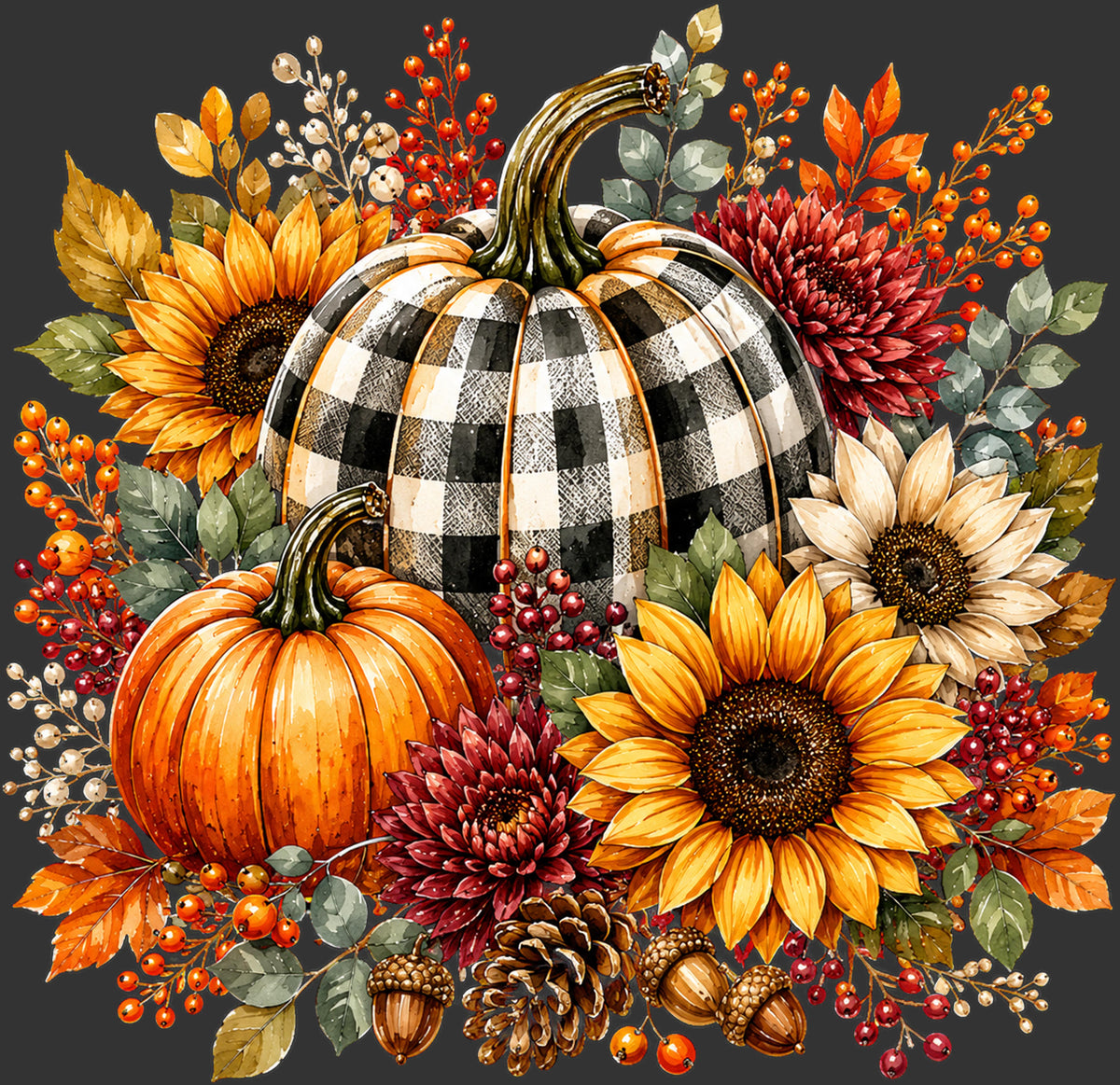 A stylized autumn floral arrangement featuring two pumpkins surrounded by sunflowers, burgundy chrysanthemums, orange and yellow leaves, berries, acorns, and pinecones on a dark gray background.