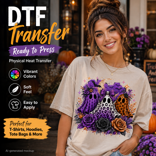 A woman wearing a beige T-shirt with a Halloween-themed graphic print featuring purple ghosts, skulls, roses, and a leopard-print bell. The image includes promotional text for a DTF transfer product on the left side.