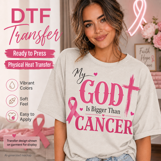 A woman wearing a light gray T-shirt with a pink and black 'My God Is Bigger Than Cancer' DTF transfer design, set against a decorated pink and white background with promotional text overlays.