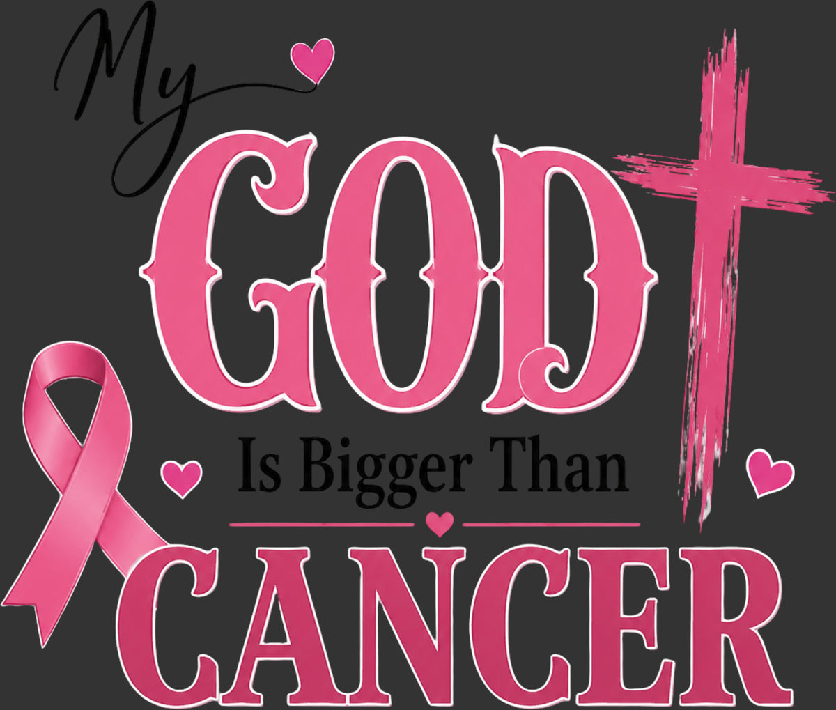 A digital graphic design featuring the text 'My GOD Is Bigger Than CANCER' in pink and black lettering on a dark gray background, decorated with a pink awareness ribbon, a pink cross, and small pink hearts.