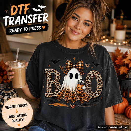 A woman wearing a black graphic T-shirt with a Halloween design featuring the word 'BOO' in leopard print, a ghost, bats, and stars. She is holding an iced coffee in a cozy, decorated fall setting.