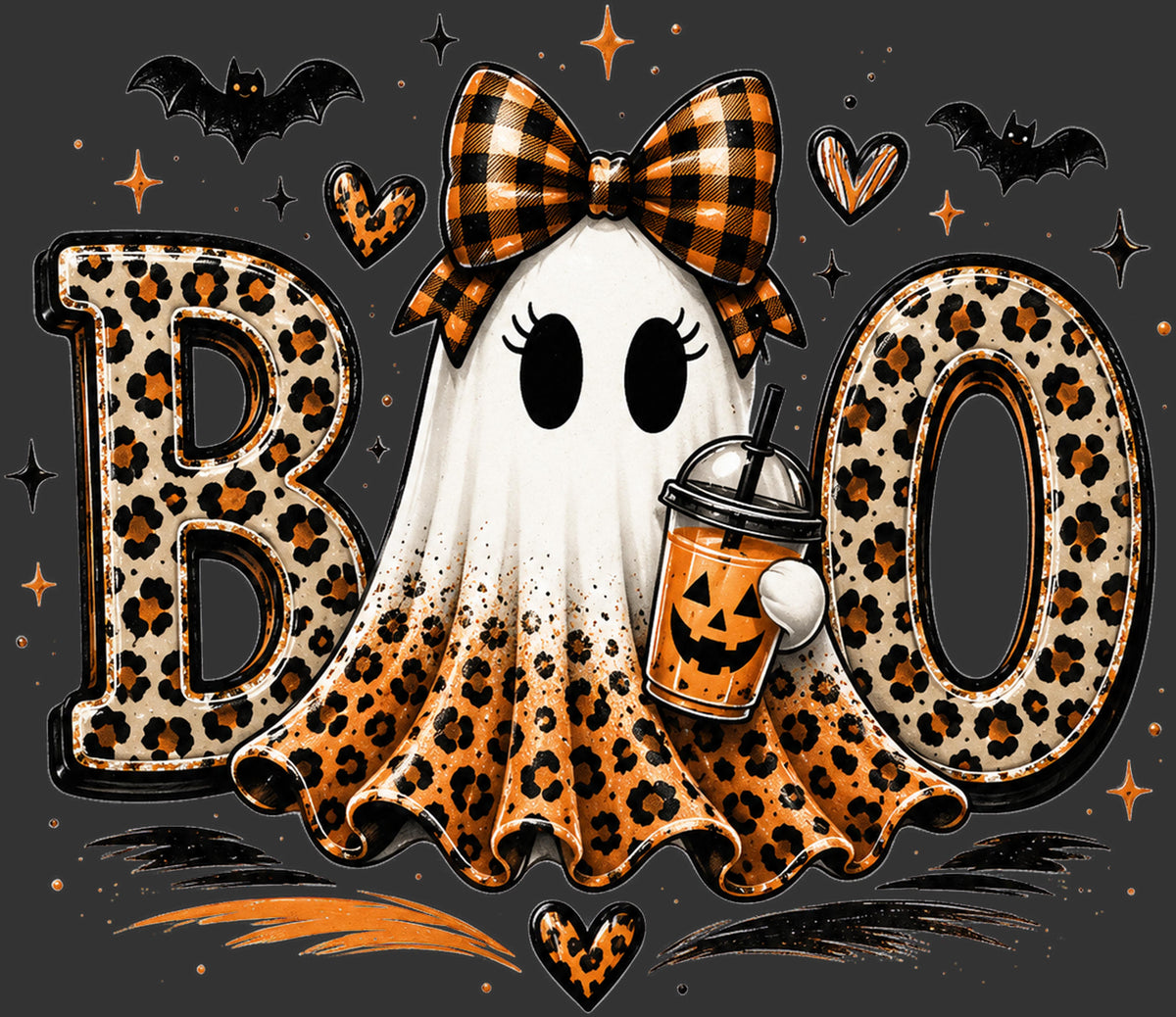 Halloween graphic design featuring a white ghost with black eyes and a black-and-orange plaid bow, holding an orange jack-o'-lantern cup. The word 'BOO' is spelled out in large leopard-print letters on a dark gray background with bats, stars, and hearts.