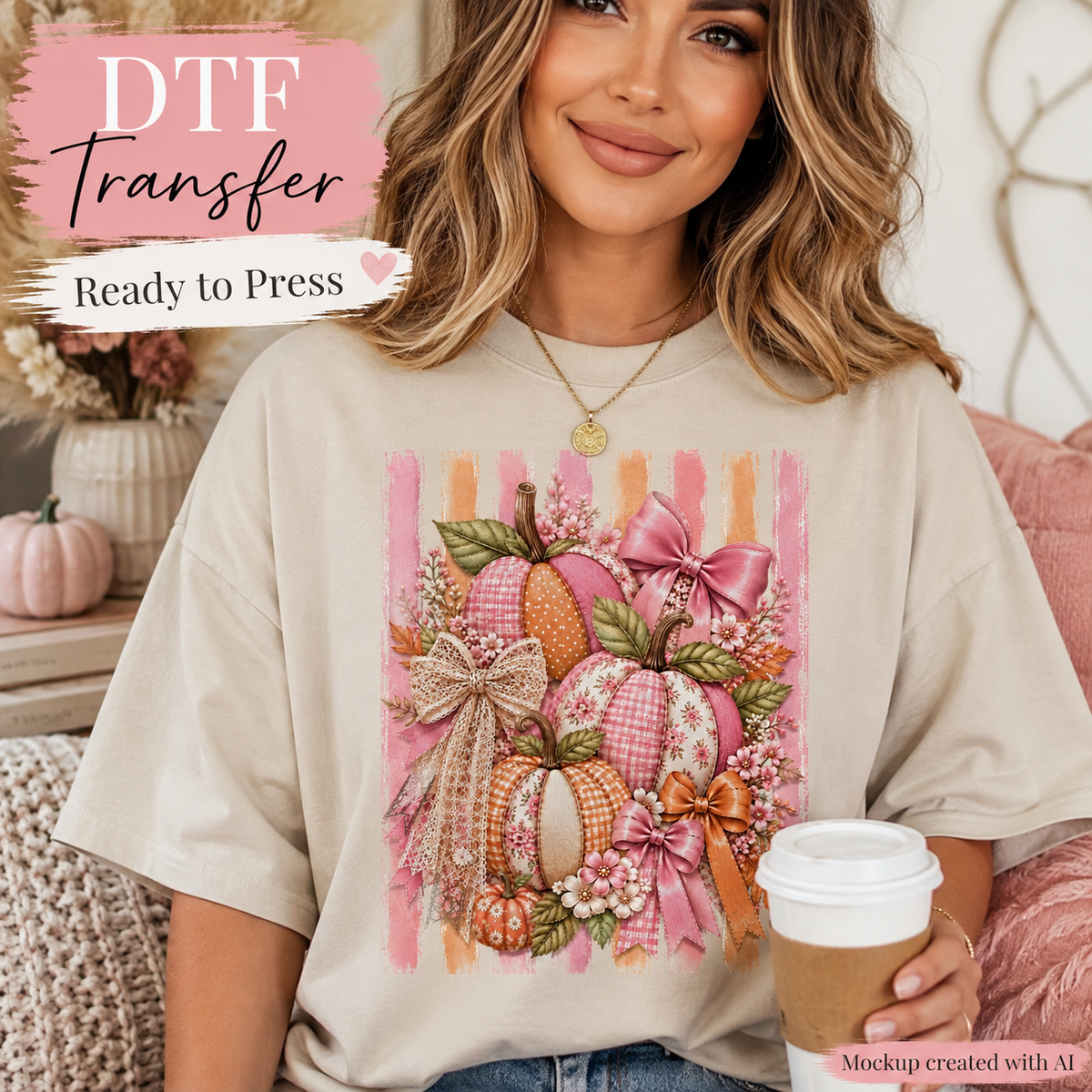A woman wearing a beige oversized T-shirt with a colorful autumn-themed DTF transfer graphic featuring pumpkins, bows, and floral details. She is holding a coffee cup in a cozy indoor setting with a pink couch and decorative pumpkins in the background.