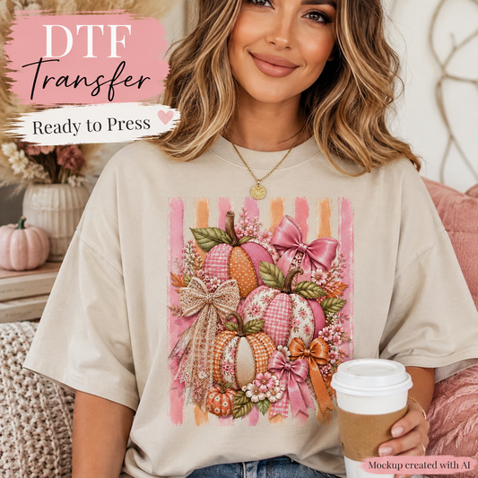 A woman wearing a beige oversized T-shirt with a colorful autumn-themed DTF transfer graphic featuring pumpkins, bows, and floral details. She is holding a coffee cup in a cozy indoor setting with a pink couch and decorative pumpkins in the background.