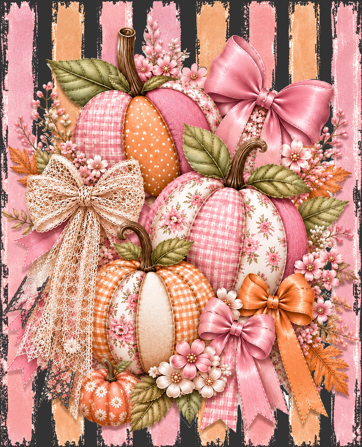 A decorative autumn-themed graphic featuring three patterned fabric pumpkins with green leaves, pink and orange ribbons, lace bows, and floral accents on a distressed pink striped background.