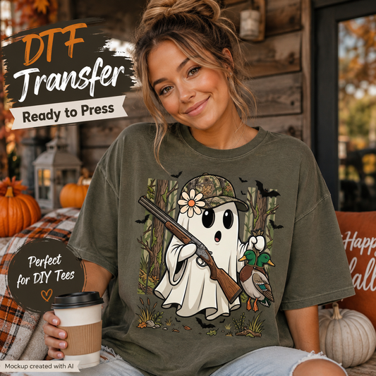 A woman wearing an olive green DTF transfer t-shirt with a cartoon ghost hunter graphic, holding a coffee cup in a cozy autumn-themed setting.