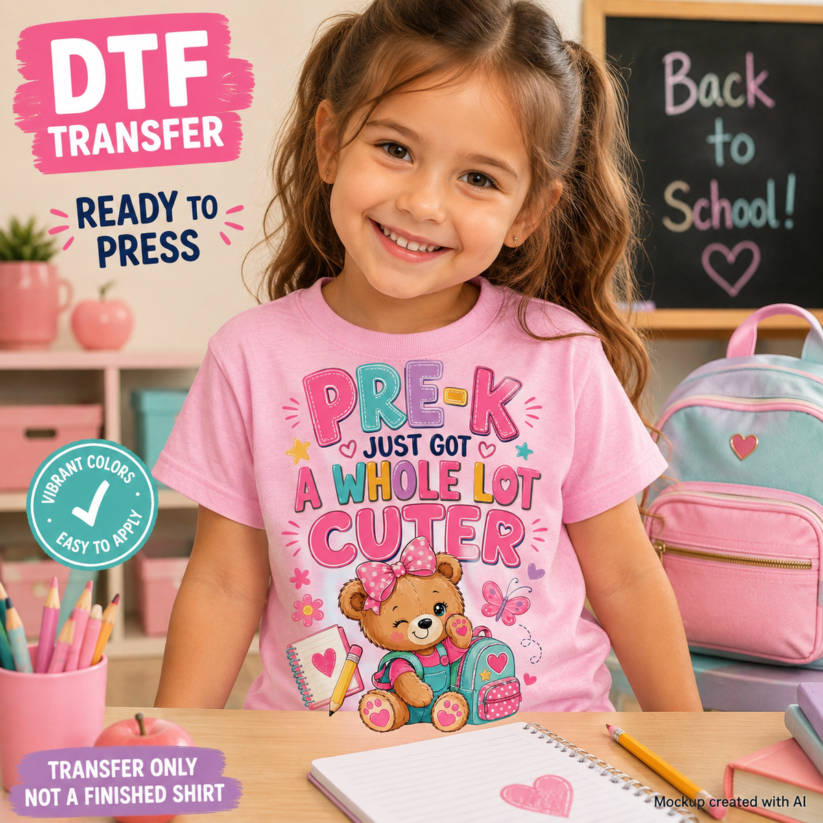 A young girl smiling in a classroom setting wearing a pink t-shirt with a colorful 'PRE-K JUST GOT A WHOLE LOT CUTER' bear graphic. The image includes promotional text overlays for 'DTF TRANSFER' and 'READY TO PRESS'.