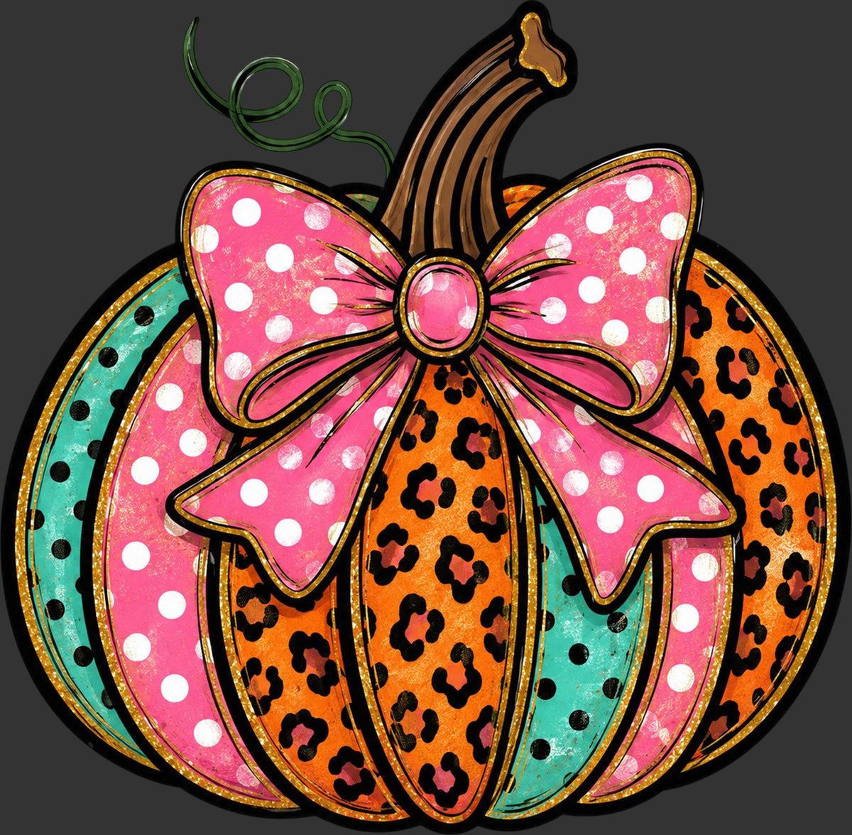 A stylized decorative pumpkin illustration with layered pink polka-dot and leopard-print sections, a large pink bow with white polka dots, a brown stem, and a dark gray background.