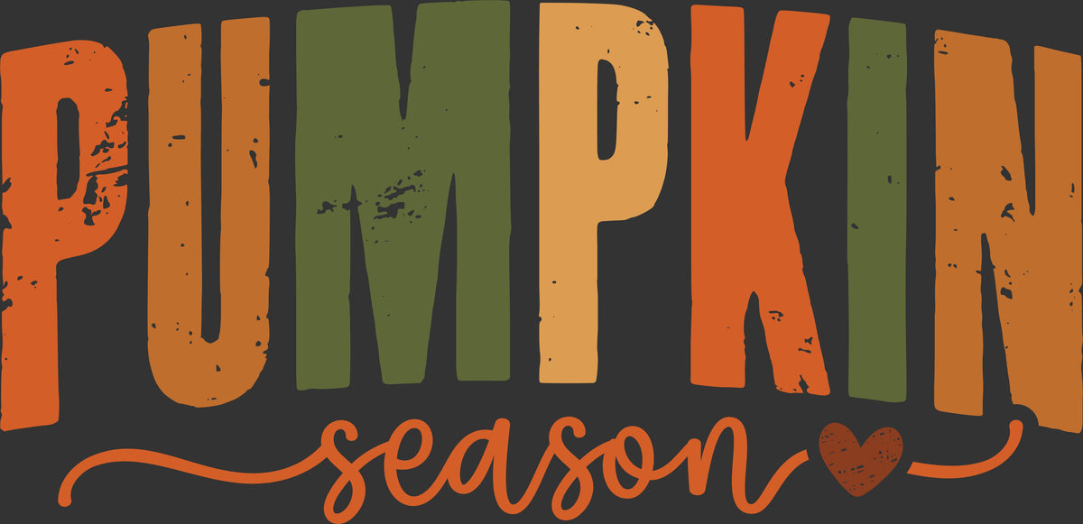 Pumpkin season graphic with the word 'PUMPKIN' in large distressed block letters colored orange, olive green, and tan, with 'season' in orange cursive script below on a dark charcoal background.