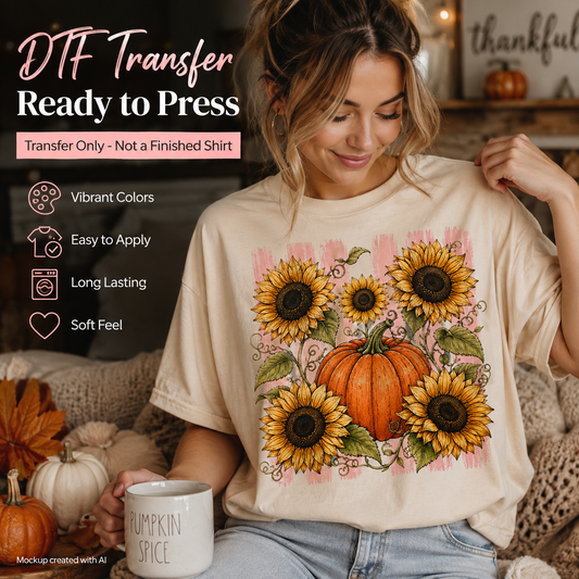 A woman wearing a beige graphic T-shirt with a sunflower and pumpkin print, posed in a cozy indoor setting with pumpkins and a mug. Text on the image reads 'DTF Transfer Ready to Press' and highlights transfer-only, vibrant colors, easy application, long-lasting, and soft feel.