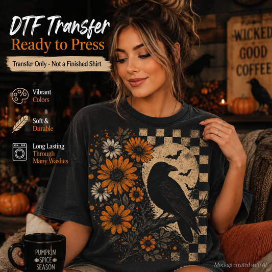 A woman wearing a dark charcoal t-shirt with a DTF transfer graphic of a raven on a checkered moon background with orange and white flowers. The image features promotional text overlays detailing product features like 'Vibrant Colors', 'Soft & Durable', and 'Long Lasting Through Many Washes'.