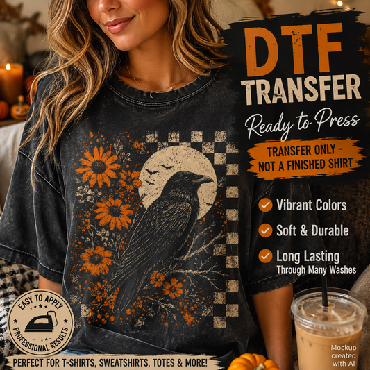 A woman wearing a dark gray washed T-shirt with a raven, sunflowers, and autumn leaves graphic, alongside promotional text for a DTF transfer.