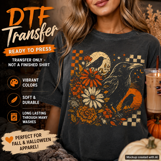 A woman wearing a dark charcoal gray t-shirt with a detailed DTF transfer graphic of a raven, flowers, and a full moon. The image includes promotional text overlays for 'DTF Transfer' and features a cozy fall-themed background with a candle and pumpkins.