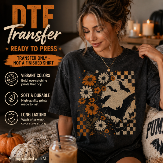 A woman wearing a charcoal gray t-shirt with a DTF transfer graphic of a bat and autumn flowers, shown in a cozy indoor setting with promotional text overlays on the left.