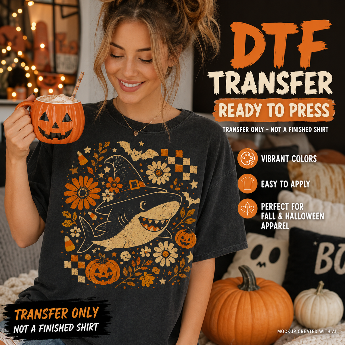A woman wearing a black T-shirt with a large autumn shark graphic in orange, beige, and white, posed in a cozy Halloween-themed room holding a jack-o'-lantern mug. Text overlays on the right read 'DTF TRANSFER READY TO PRESS' with feature icons.