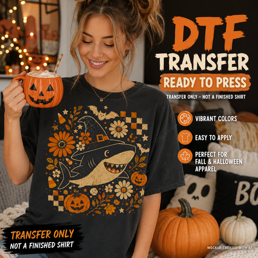 A woman wearing a black T-shirt with a large autumn shark graphic in orange, beige, and white, posed in a cozy Halloween-themed room holding a jack-o'-lantern mug. Text overlays on the right read 'DTF TRANSFER READY TO PRESS' with feature icons.