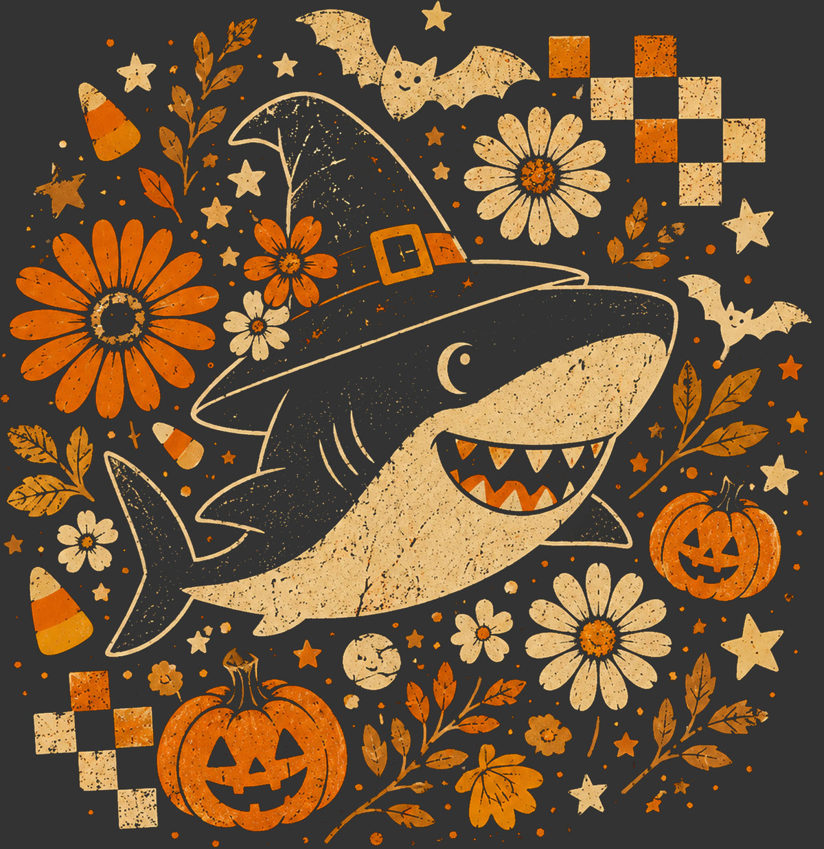 A Halloween-themed graphic illustration featuring a shark wearing a witch hat, surrounded by pumpkins, flowers, bats, stars, leaves, and candy corn on a dark background with a distressed, vintage texture.
