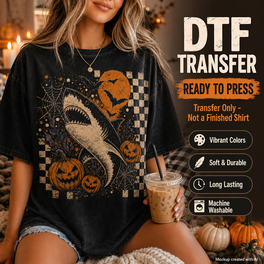 Halloween spooky shark DTF transfer shirt mockup with pumpkins bats spiderwebs orange moon and checkerboard accents
