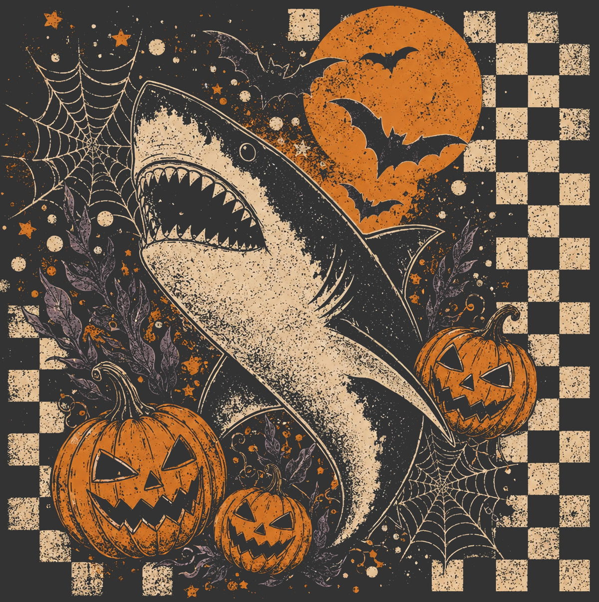 Halloween graphic print featuring a large shark with its mouth open, surrounded by three jack-o'-lantern pumpkins, cobwebs, bats, and a full moon, set against a black and beige checkerboard background.