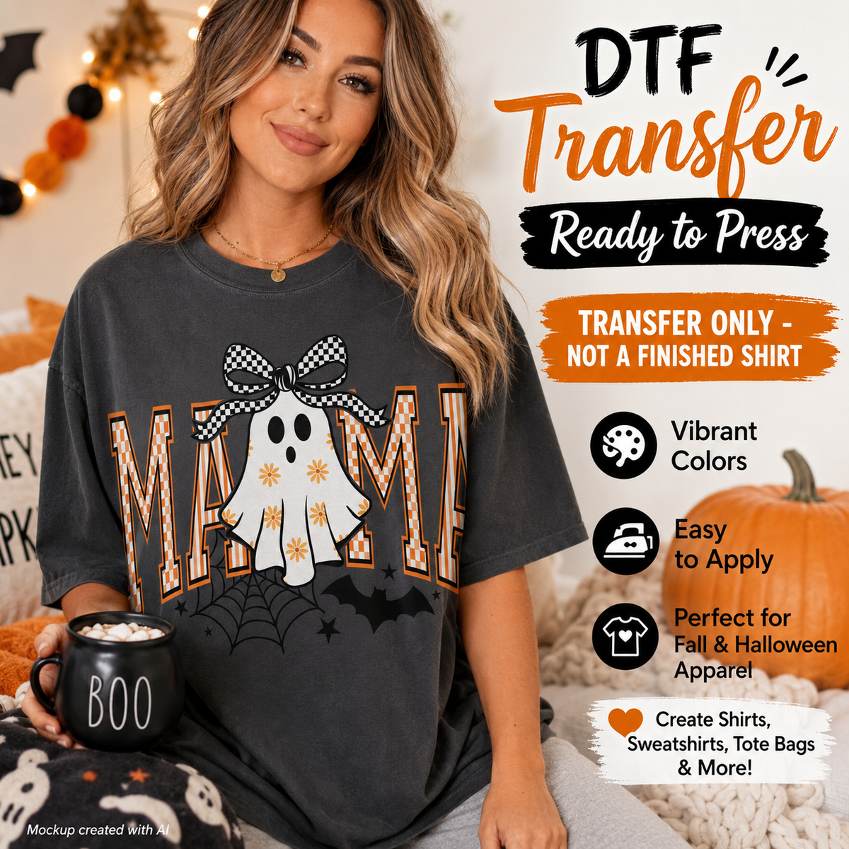 A woman wearing a dark charcoal gray t-shirt with a DTF (Direct to Film) graphic transfer of a white ghost with a black-and-white checkered bow over the letters 'MAMA'. The image is a promotional graphic for a 'Ready to Press' DTF transfer, featuring text callouts and a pumpkin in the background.