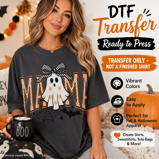 A woman wearing a dark charcoal gray t-shirt with a DTF (Direct to Film) graphic transfer of a white ghost with a black-and-white checkered bow over the letters 'MAMA'. The image is a promotional graphic for a 'Ready to Press' DTF transfer, featuring text callouts and a pumpkin in the background.