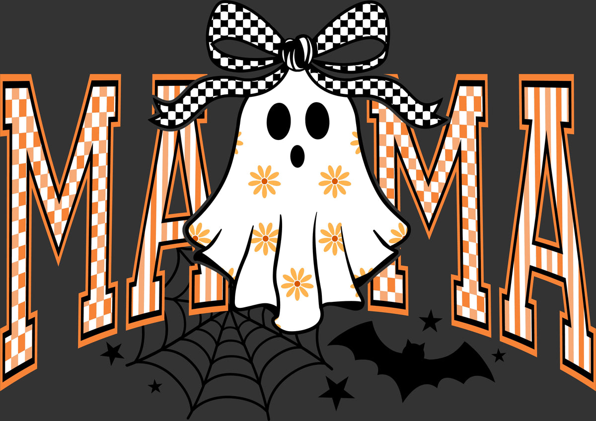 Halloween graphic design featuring a white ghost with black eyes and mouth, decorated with orange flower motifs and a black-and-white checkered bow. The word 'MAMA' is spelled out in large orange and white checkered letters with black outlines, set against a dark gray background with spiderwebs and black bats.