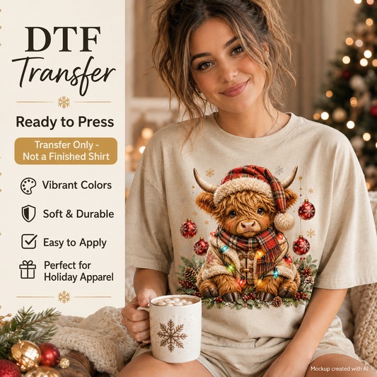 A woman seated indoors wearing a holiday-themed DTF transfer mockup on a beige T-shirt. The shirt features a Highland cow illustration with a red Santa hat, plaid scarf, ornaments, and warm string lights.