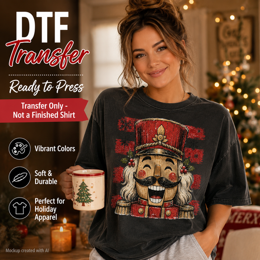 A woman wearing a dark charcoal gray T-shirt with a large distressed nutcracker graphic, holding a mug in a cozy holiday-lit room. Large text on the left reads 'DTF Transfer Ready to Press' with feature callouts like vibrant colors, soft and durable, and perfect for holiday apparel.