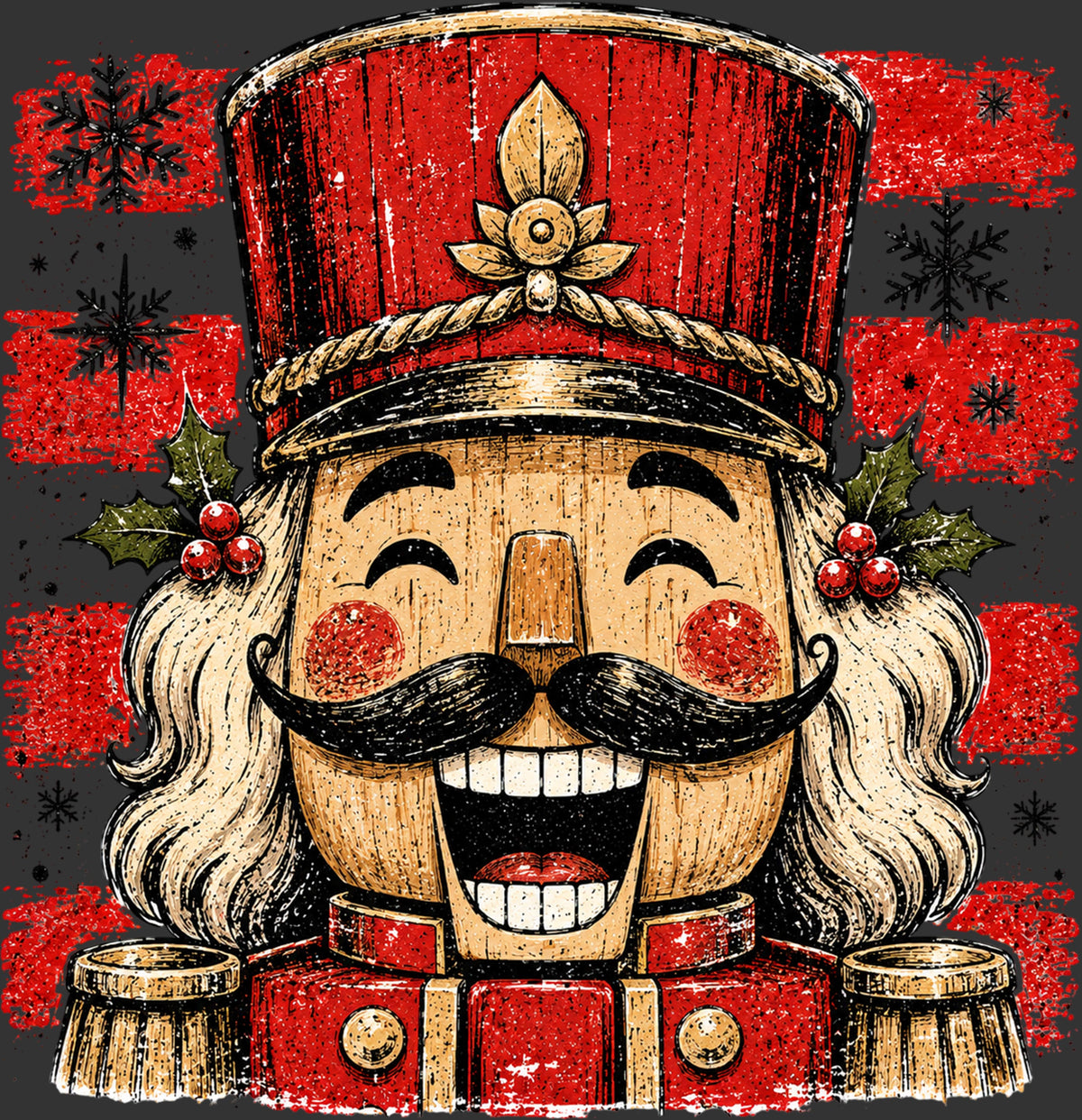 Christmas nutcracker DTF transfer with red military hat gold accents holly berries and vintage distressed details