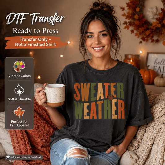 Sweater Weather fall DTF transfer shirt mockup with retro orange green and tan distressed lettering