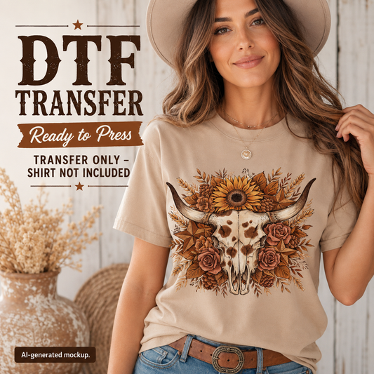 A woman wearing a beige wide-brim hat and a beige graphic T-shirt with a large western-style bull skull, sunflower, and floral print in brown, tan, and muted orange tones. Large text on the left reads 'DTF TRANSFER Ready to Press Transfer Only - Shirt Not Included,' and a small note says 'AI-generated mockup.