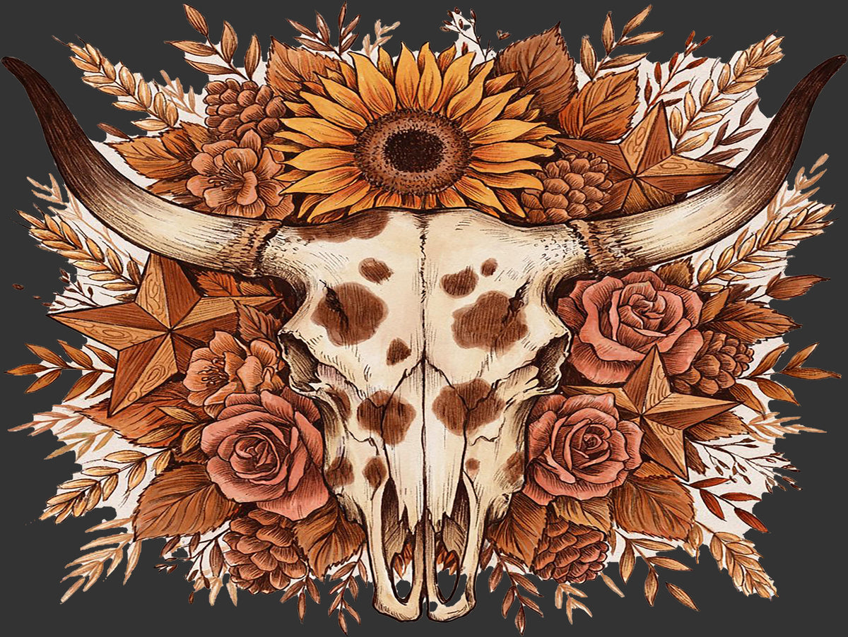 A stylized illustration of a longhorn skull surrounded by autumn leaves, sunflowers, roses, and pinecones on a dark gray background.
