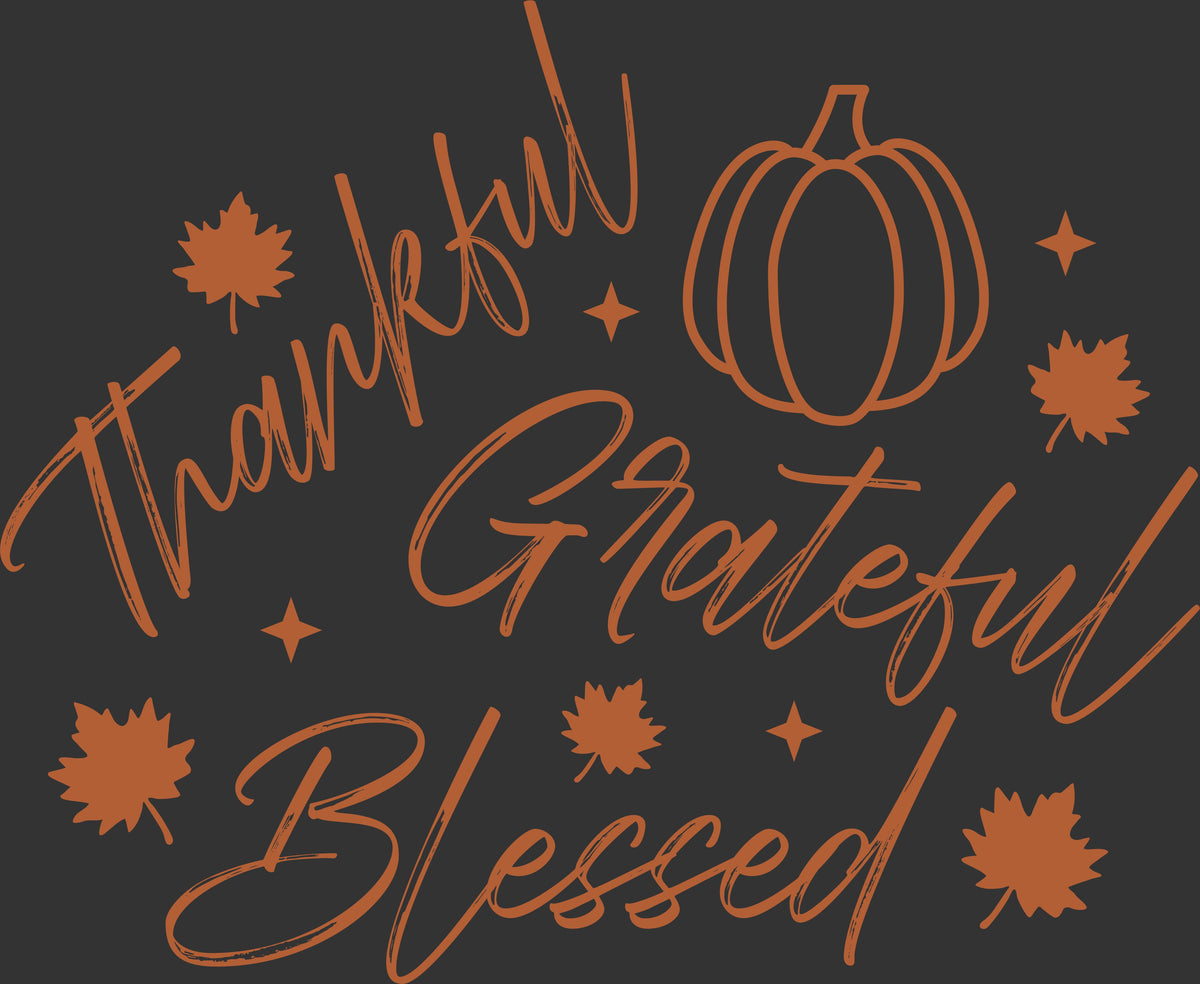 A square graphic design with the words 'Thankful Grateful Blessed' in orange cursive script, surrounded by orange autumn leaves, stars, and a pumpkin outline on a dark charcoal background.
