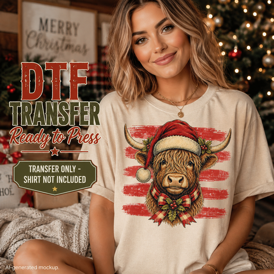 A woman wearing a cream-colored t-shirt with a festive graphic of a Scottish highland cow in a red Santa hat and plaid scarf, set against a Christmas tree background. Text overlays on the left read 'DTF TRANSFER Ready to Press' and 'TRANSFER ONLY - SHIRT NOT INCLUDED'.