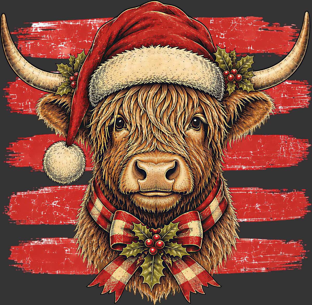 A stylized illustration of a Highland cow wearing a red Santa hat and red-and-white striped bow tie, set against a distressed red-and-black striped background.