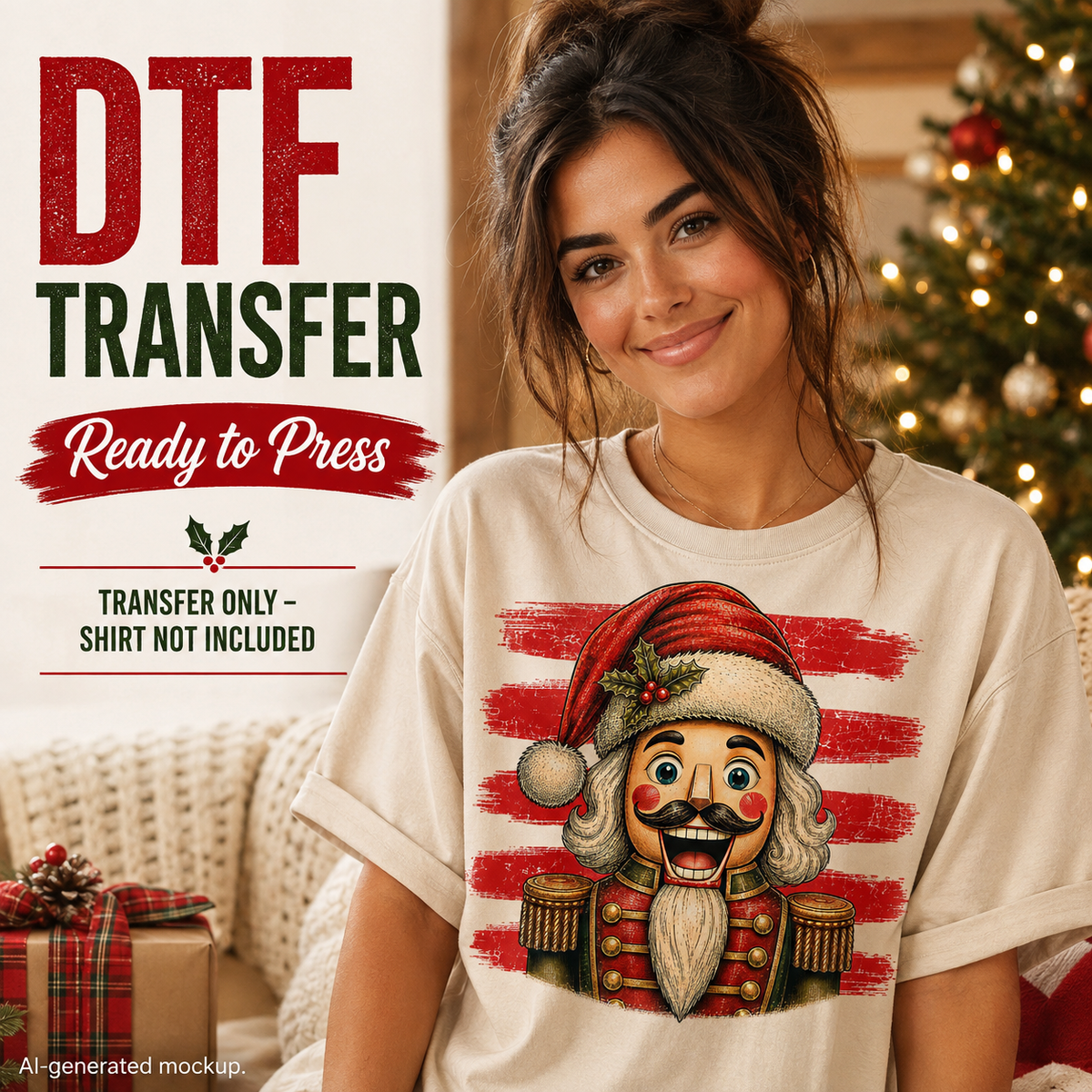 A woman wearing a cream-colored t-shirt with a festive nutcracker graphic on a red and white striped background. The image includes promotional text overlays reading 'DTF TRANSFER Ready to Press' and 'TRANSFER ONLY - SHIRT NOT INCLUDED', set against a cozy holiday background with a decorated Christmas tree.