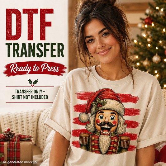 A woman wearing a cream-colored t-shirt with a festive nutcracker graphic on a red and white striped background. The image includes promotional text overlays reading 'DTF TRANSFER Ready to Press' and 'TRANSFER ONLY - SHIRT NOT INCLUDED', set against a cozy holiday background with a decorated Christmas tree.