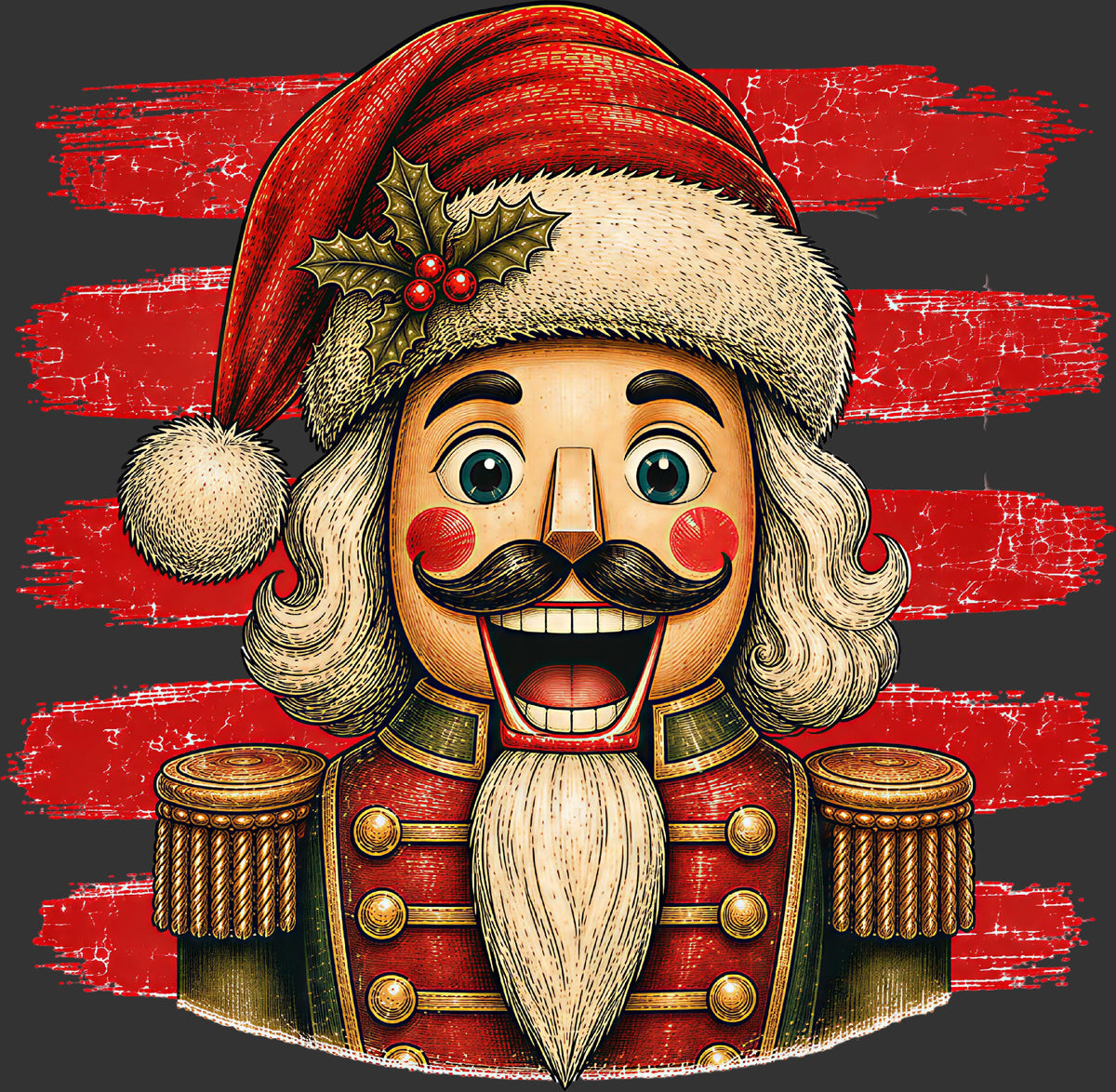 A stylized illustrated nutcracker character wearing a Santa hat and red military-style jacket, centered on a dark gray background with distressed red brushstroke bands.