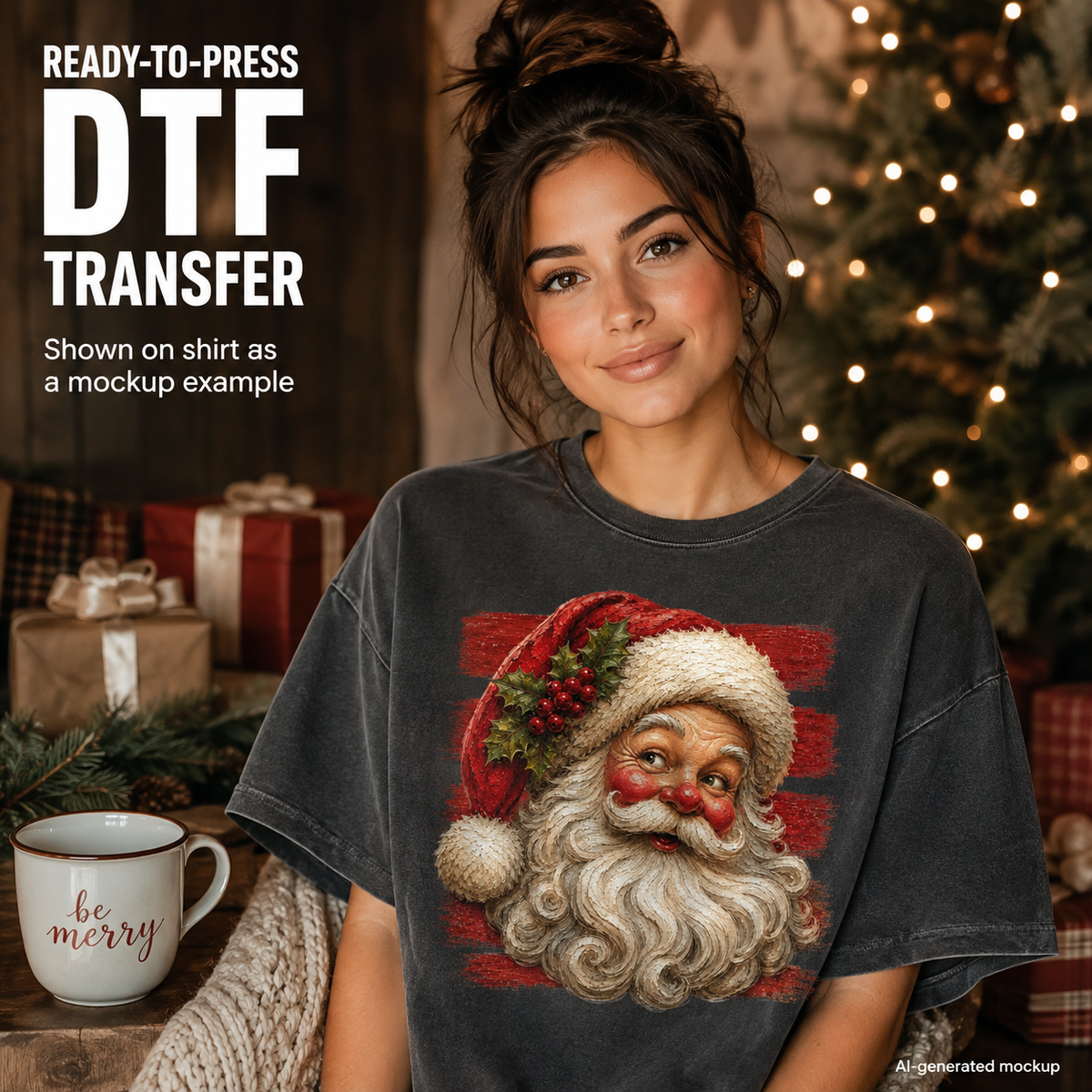 A woman wearing a dark gray graphic t-shirt featuring a festive Santa Claus design, set against a cozy holiday background with a decorated Christmas tree, wrapped gifts, and a mug that reads 'be merry'. Text overlays on the left read 'READY-TO-PRESS DTF TRANSFER' and note that the design is shown as a mockup example.