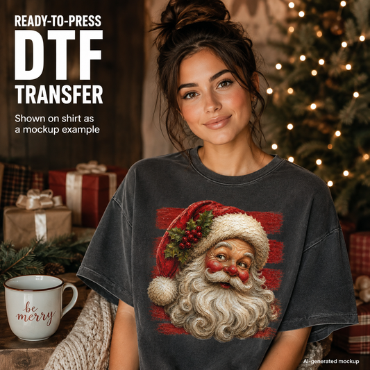 A woman wearing a dark gray graphic t-shirt featuring a festive Santa Claus design, set against a cozy holiday background with a decorated Christmas tree, wrapped gifts, and a mug that reads 'be merry'. Text overlays on the left read 'READY-TO-PRESS DTF TRANSFER' and note that the design is shown as a mockup example.