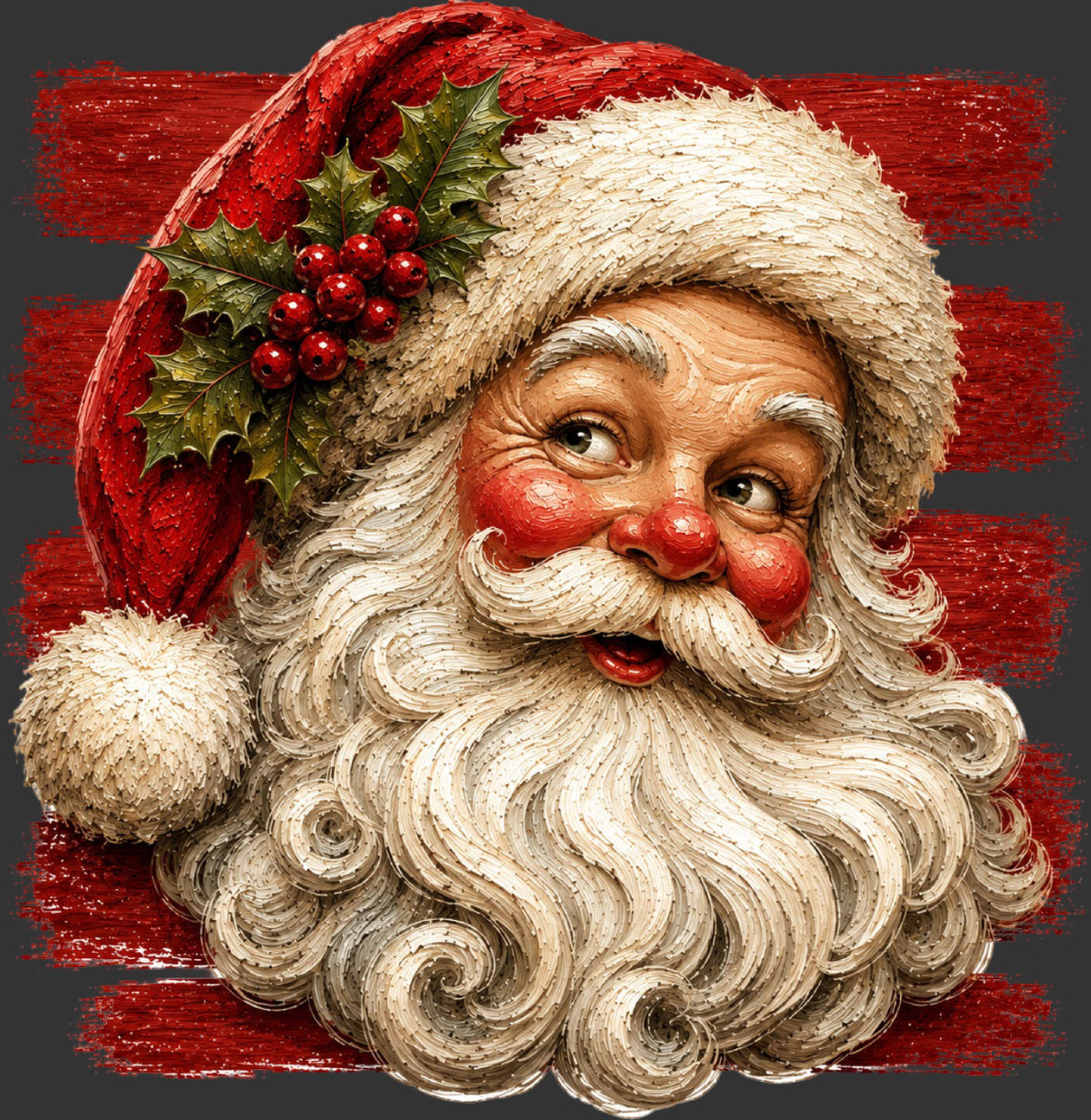 A stylized close-up portrait of Santa Claus' face and hat, rendered in a textured, painterly or sketch-like finish. The Santa hat is red with white fur trim and a green holly sprig with red berries.