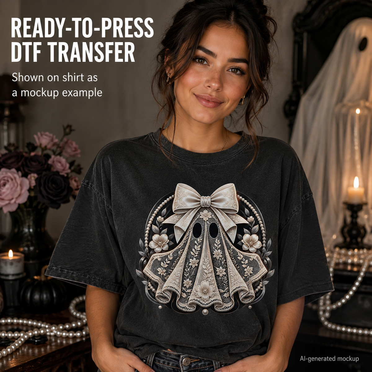 A woman wearing a dark charcoal gray t-shirt with a large silver and white gothic bow and floral graphic on the front, set in a moody, gothic-themed room with candles and flowers.