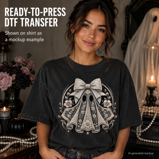 A woman wearing a dark charcoal gray t-shirt with a large silver and white gothic bow and floral graphic on the front, set in a moody, gothic-themed room with candles and flowers.