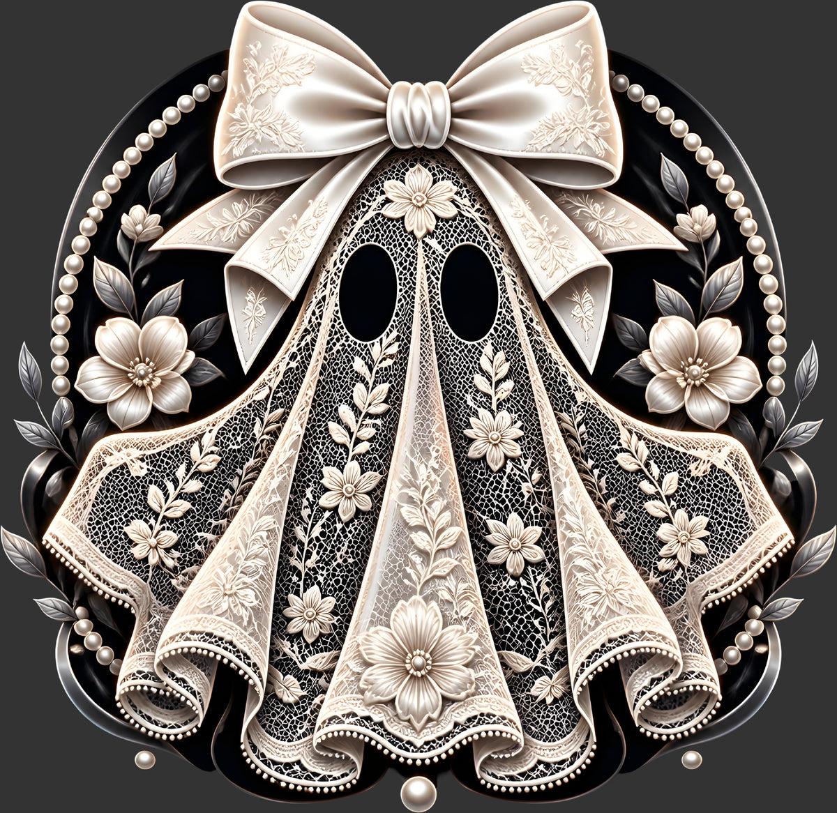 An ornate decorative bow and lace applique displayed on a black circular backing with floral and pearl accents.