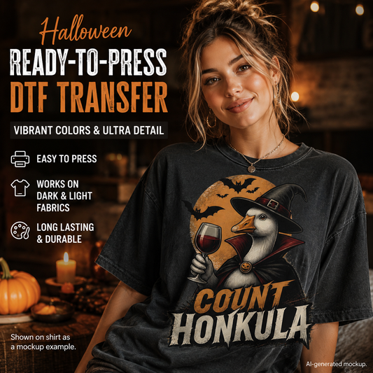 A woman wearing a black graphic T-shirt with a Halloween design featuring a goose in a witch hat holding a wine glass and the text 'COUNT HONKULA.' Large promotional text on the left reads 'Halloween Ready-to-Press DTF Transfer' with feature callouts, and the shirt is shown as a mockup in a warm, dimly lit indoor setting with pumpkins and candles.