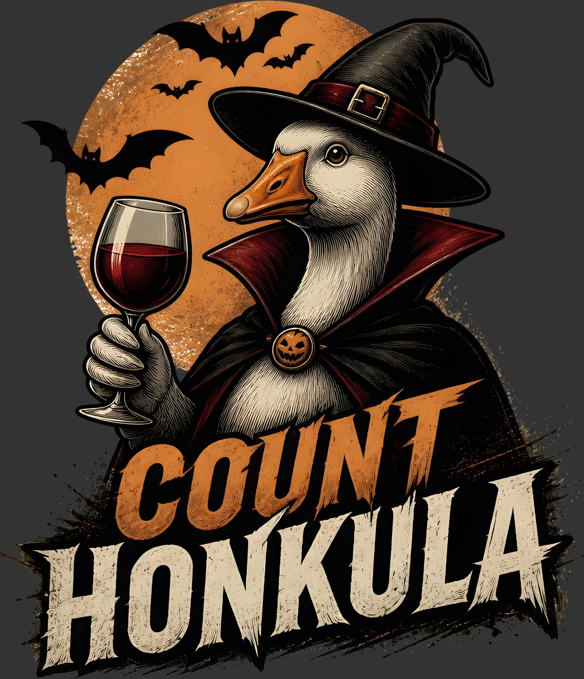 A stylized Halloween graphic featuring a goose dressed as a witch, wearing a pointed black hat and cape, holding a glass of red wine in front of an orange full moon with bats. Large text at the bottom reads “COUNT HONKULA.